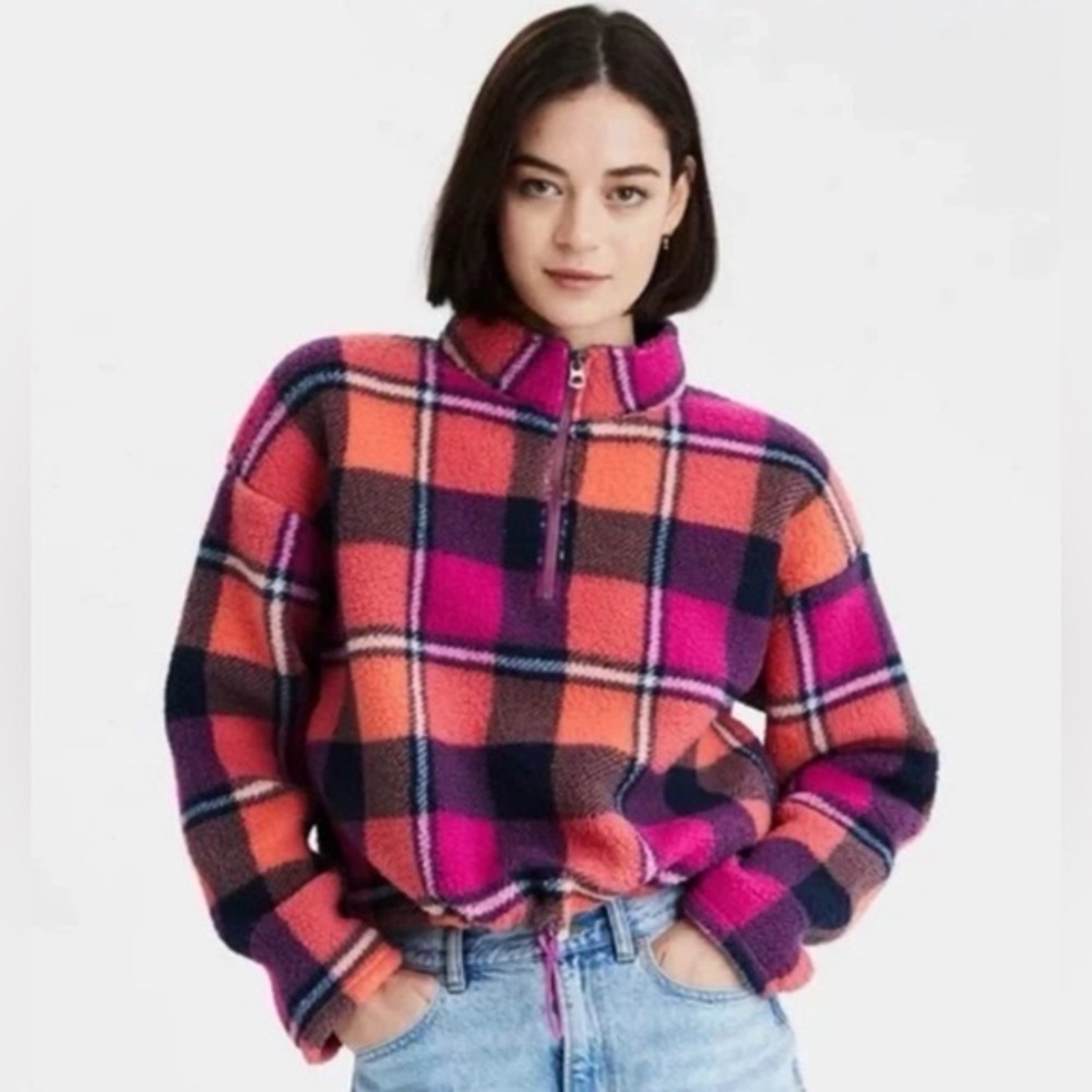 American Eagle Faux Sherpa Fleece 1/4 Zip Plaid Pullover Jacket Small